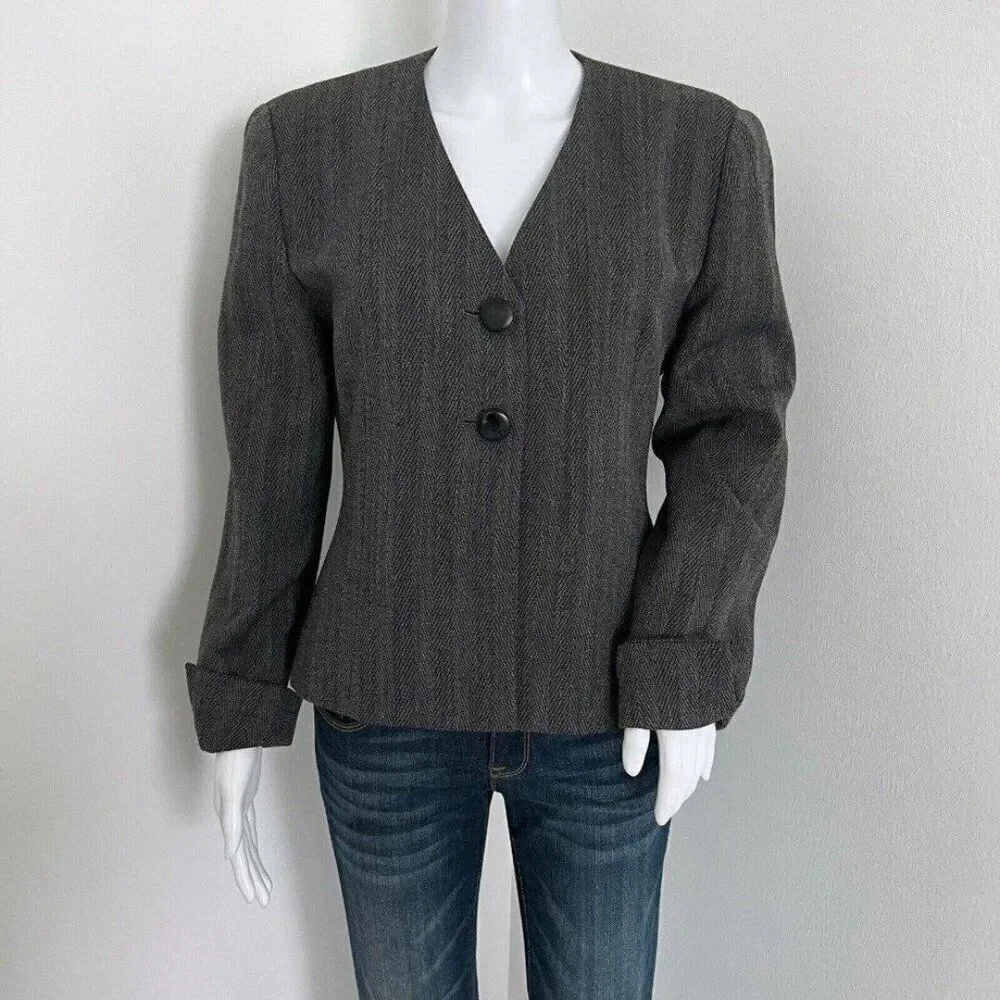 Vintage Christian Dior Women's Herringbone Jacket Size 8 Gray Worsted Wool USA